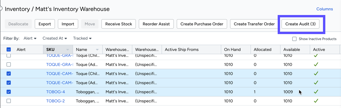 Shows selected SKUs & the Create-Audit button highlighted