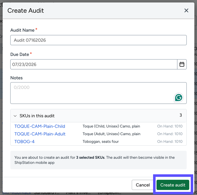 Shows the Create Audit popup and the Create Audit button