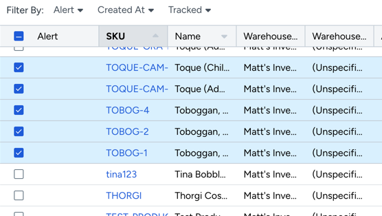 Shows several SKUs selected on the Products grid.
