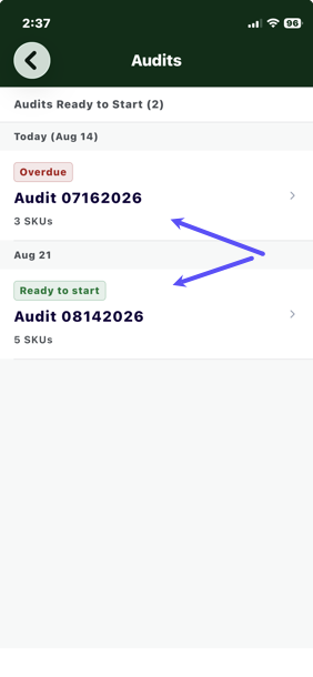 Mobile app. inventory. Shows 2 audits ready to start.