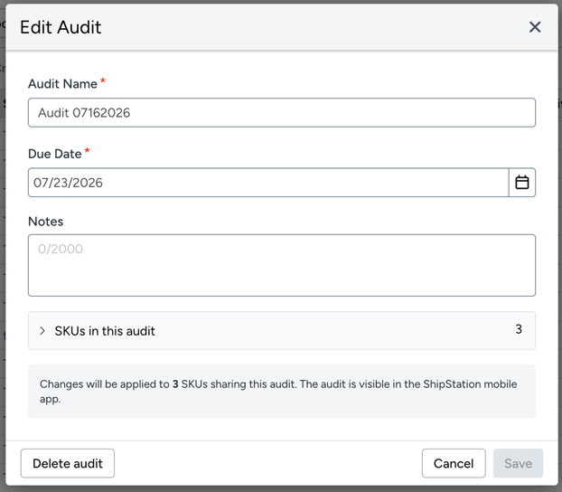 Shows the Edit Audit pop-up.