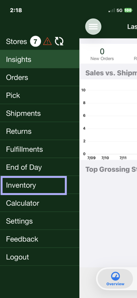 Shows Inventory highlighted in the mobile app side navigation.