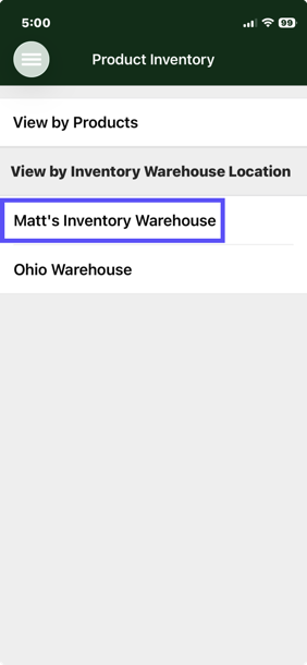 Show's an Inventory Warehouse selected in the mobile app.