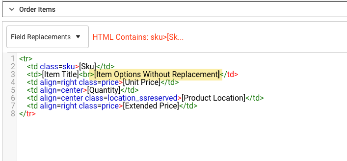 Hoja de Embalaje HTML: Opciones de artículo sin sustitución resaltadas en la sección Artículos del pedido.