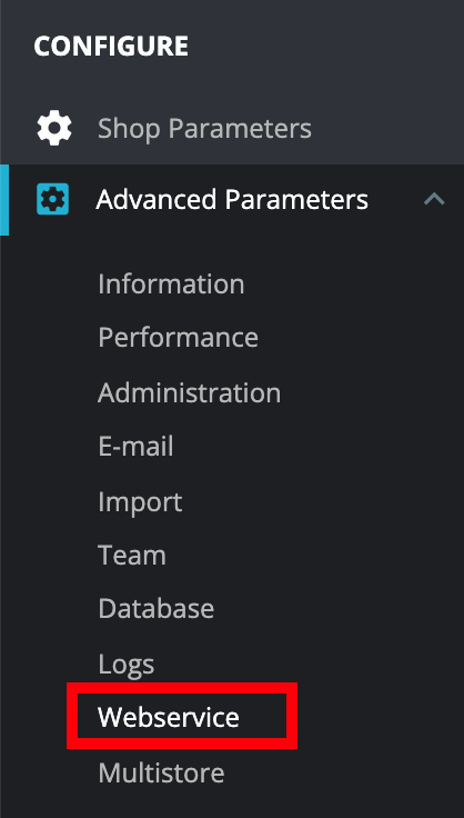 Prestashop Advanced Parameters menu with webservice highlighted.