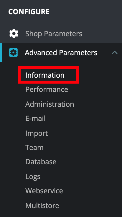 Erweiterte Prestashop-Parameter – „Konfigurationsinformationen“ hervorgehoben.