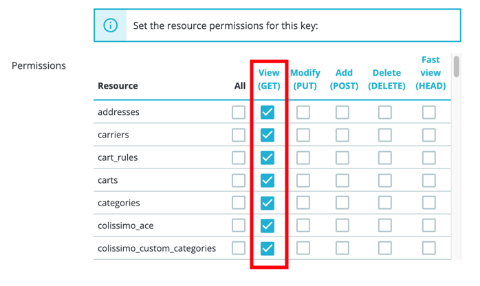 Prestashop webservice with View GET checkbox highlighted.