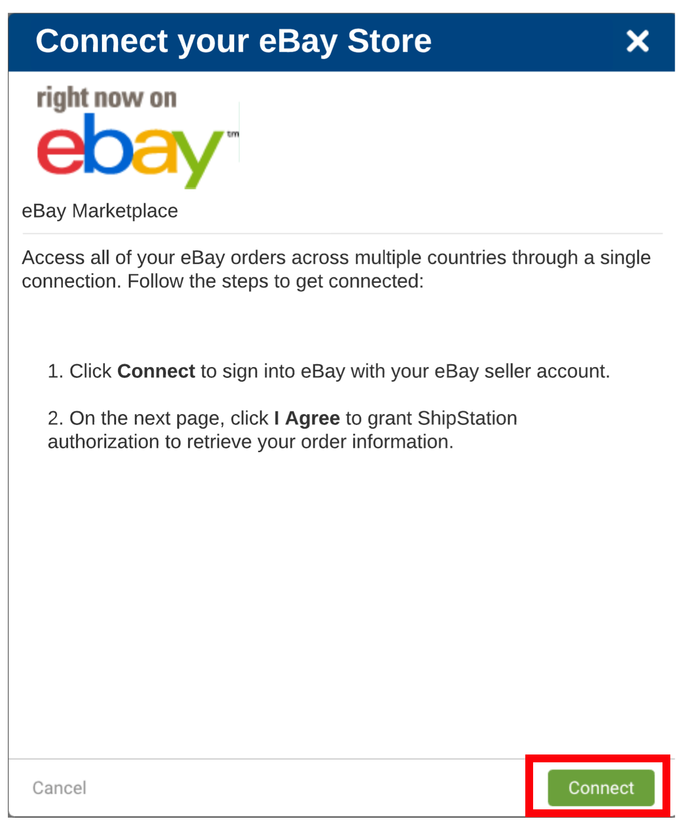 Imagen: ventana emergente para conectar tu tienda eBay. El recuadro destaca el botón Conectar