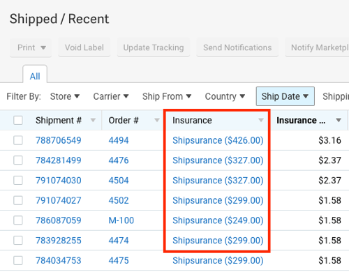 Box highlights Insurance column on Shipments tab