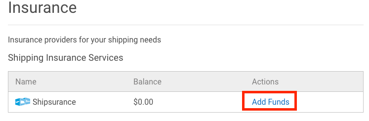 Add Funds link highlighted on the Insurance settings page in ShipStation