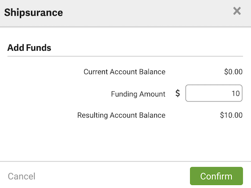 Shipsurance balance pop-up showing $10 as the funding amount