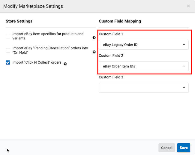 eBay edit store settings popup with custom fields highlighted