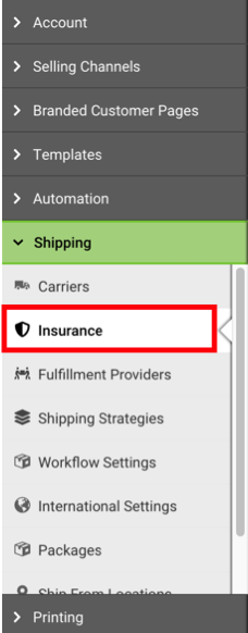 Settings sidebar with Shipping section open and Insurance section highlighted.