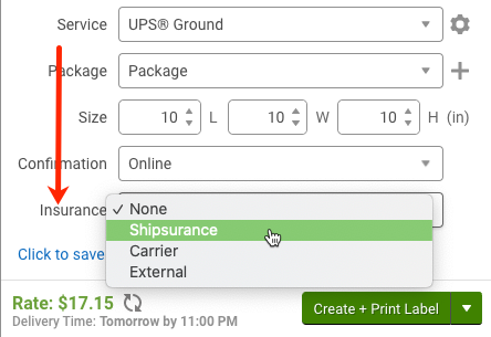 Configure Shipment Widget: Arrow points to Insurance dropdown, Shipsurance option selected