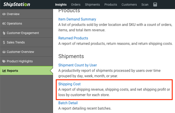 Reports page under Shipments. Box highlights Shipping Cost option.