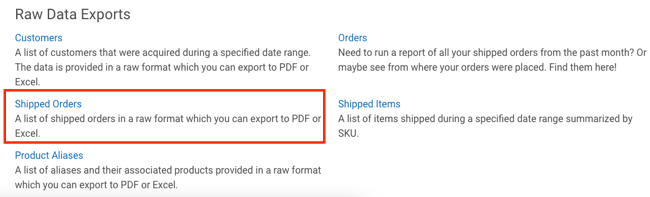 Raw Data Exports page, box highlights Shipped Orders option