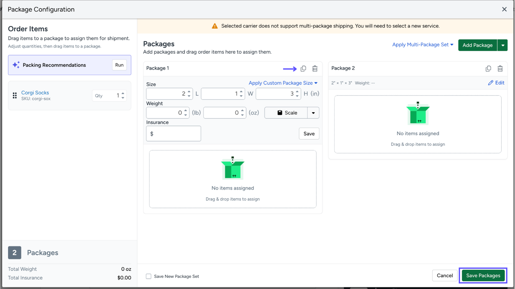 GIF showing how to add packages for a multi-package shipment