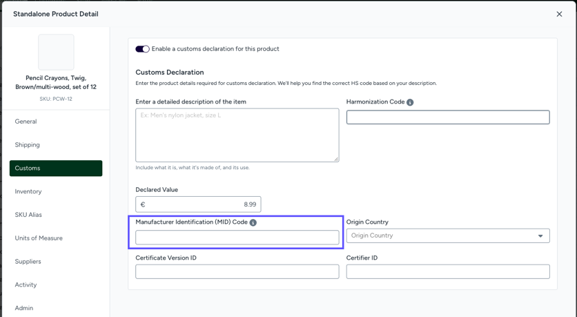 Shows Manufacturer ID field in Product Details. Where to place NS-PID
