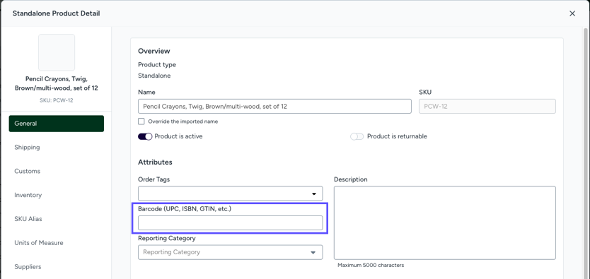 Shows Barcode field in Product Details. Where to place S-PID: Standard code (GTIN, EAN, UPC, ISBN)