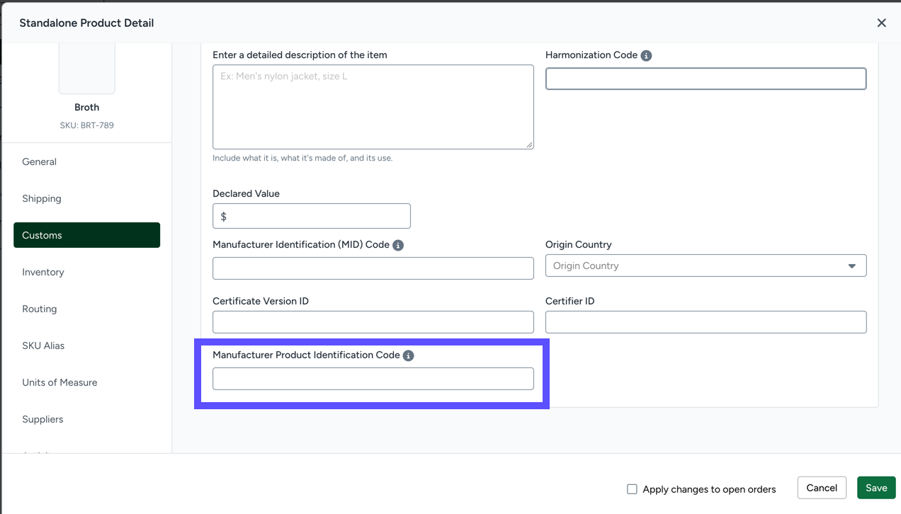 Shows Manufacturer Product ID field in Product Details. Where to place NS-PID
