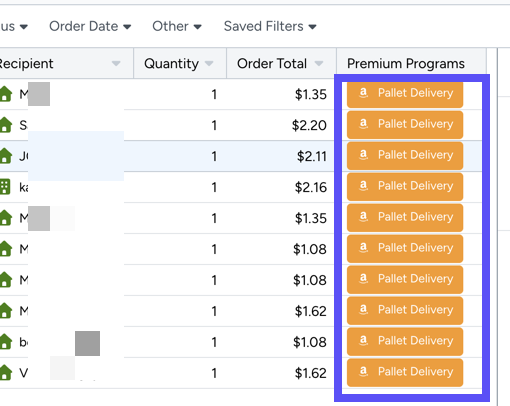 Shows Pallet Delivery badges under the Premium Program column on the Orders grid.