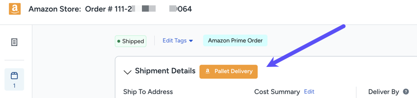 Shows the ShipStation Order Details page highlighting an orange "Pallet Delivery" tag under the Shipment Details section.
