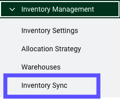 Side Navigation: Inventory Management. Box highlights Inventory Sync button
