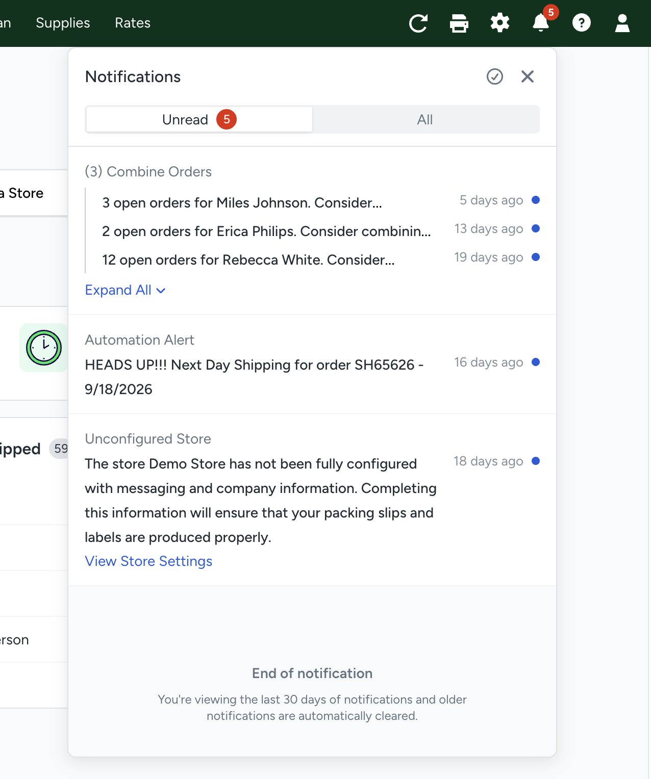 ShipStation Notifications panel displaying unread combine order alerts, automation alerts, and unconfigured store notices