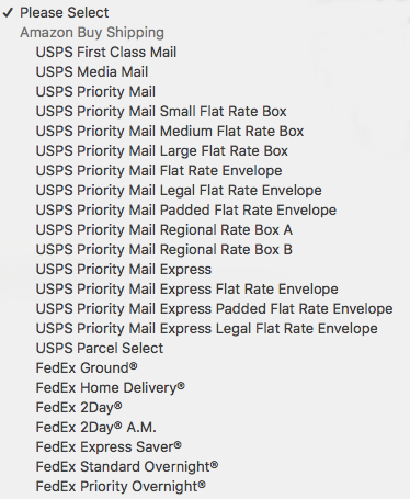 Services drop-down, partial list of Amazon Buy Shipping services.