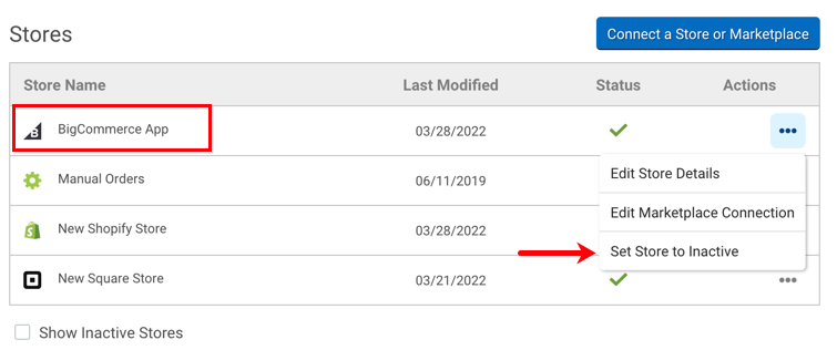Menu Actions ouvert pour modifier la connexion à l'application BigCommerce, avec l'option Définir la boutique comme étant inactive sélectionnée.