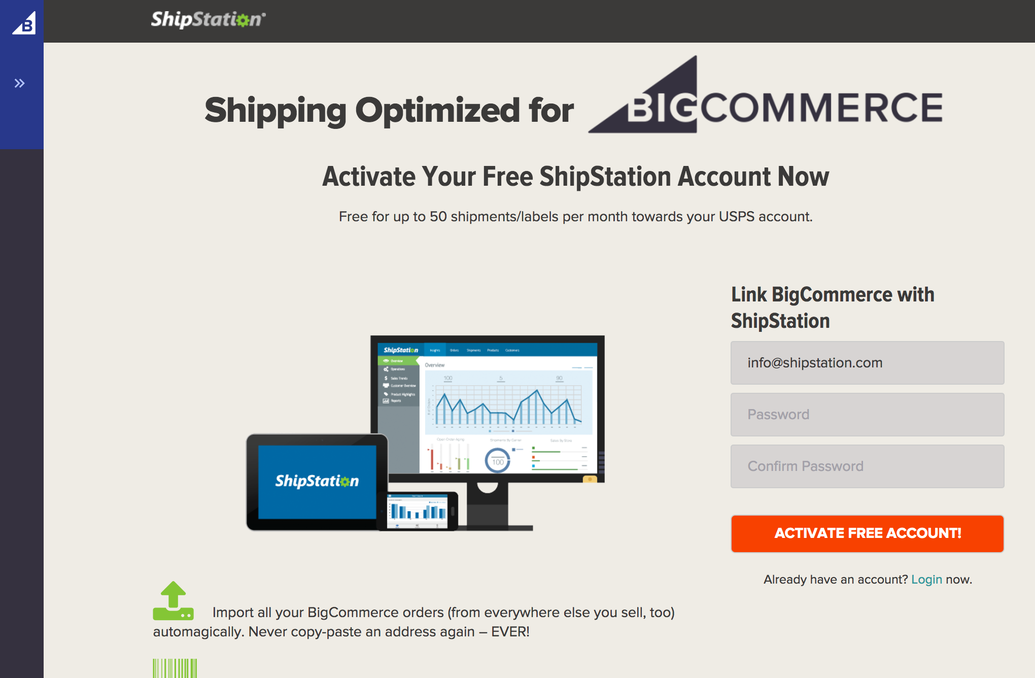ShipStation log in page open in BigCommerce
