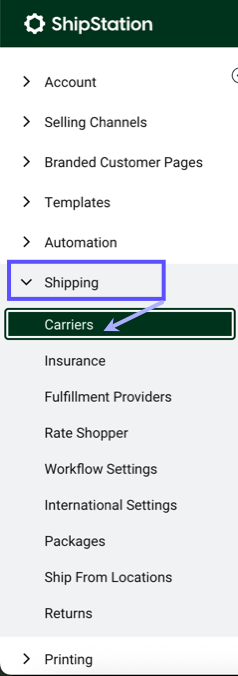 Settings sidebar. Shows Shipping > Carriers selected