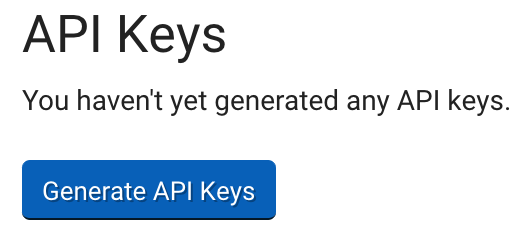 Configuración de la cuenta: claves de API: se lee, "No has generado ninguna clave de API." Botón Generar nuevas claves de API.