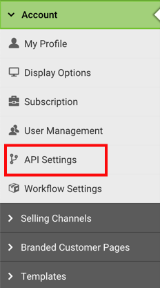 Settings Sidebar: Account dropdown. Red box highlights API Settings option.