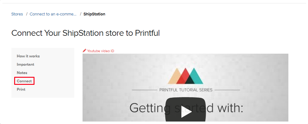 Printful connect menu with Connect highlighted.