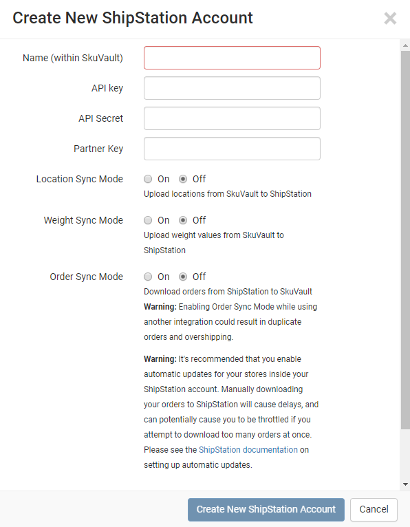 Fenêtre pop-up SkuVault Create a new Shipstation Account (Créer un nouveau compte ShipStation). Champs : Name, API Key & Secret, Partner Key (nom, clé API et secret, clé partenaire). Location, Weight, & Order Sync modes (mode de synchronisation de l'emplacement, mode de synchronisation du poids et mode de synchronisation de la commande).