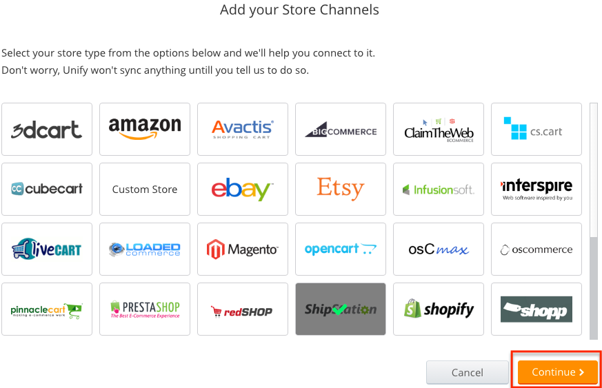 Opciones de Unify de tiendas para agregar con el botón Continuar resaltado.