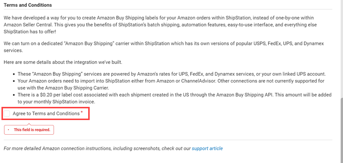 Amazon Buy Shipping Terms and Conditions open in ShipStation connection window, with checkbox to agree highlighted.