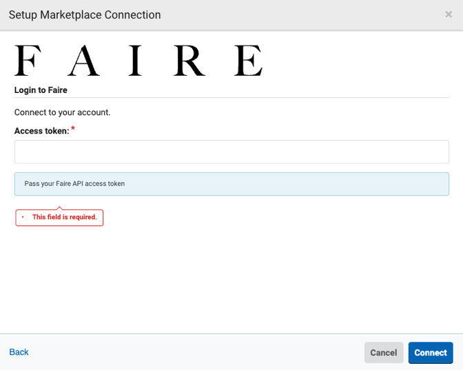 Image: Setup Connection pop-up for Faire. Access token required