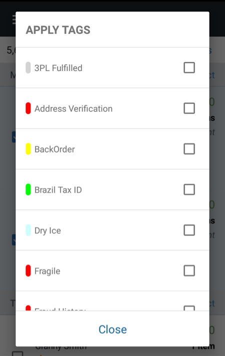 Mobile Tag Orders screen