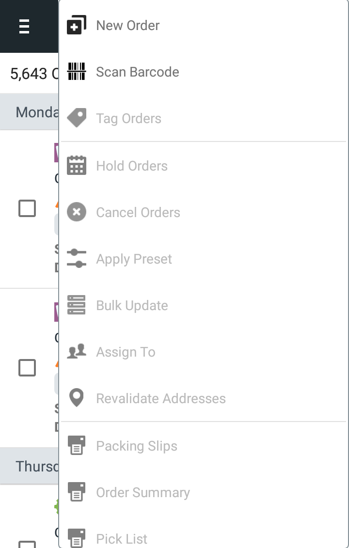 Mobile order actions menu