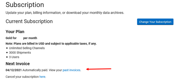 Subscription page. Lists current plan, next invoice date. Arrow points to link to see Past Invoices.