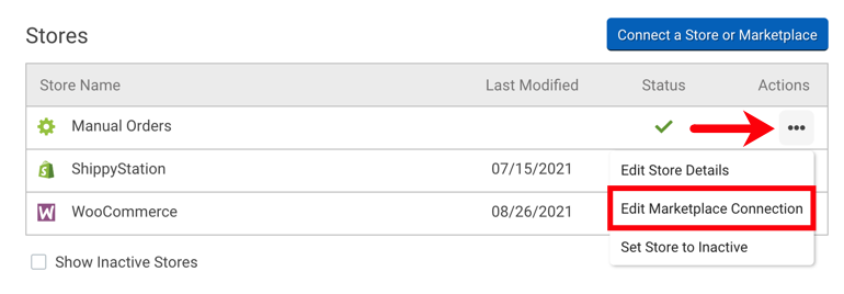 Store Setup page with arrow pointing to ellipsis icon and dropdown menu showing Modify Store Connection option highlighted