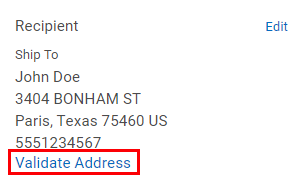 Enlace Validate Address (validar dirección) resaltado debajo de la dirección del destinatario en la ventana Order Details (detalles del pedido).