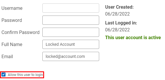 Edit User pop-up window. "Allow this user to login" option is checked.