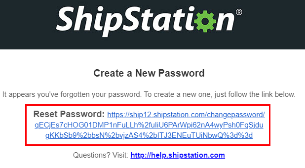 Enlace Restablecer contraseña resaltado en el correo electrónico "Crear una nueva contraseña" de ShipStation.
