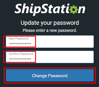 Pantalla de ShipStation "Actualiza tu contraseña" con la nueva contraseña ingresada en ambos campos.