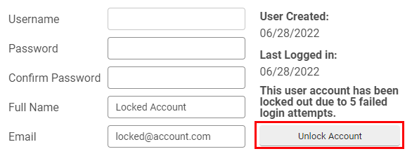 Edit User pop-up window. Unlock Account button highlighted by red box.