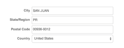 Ship To fields: City, State, PostalCode, & Country fields for USPS shipment to Puerto Rico.