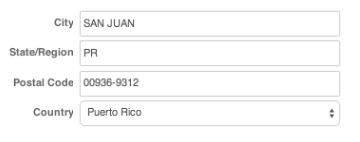 Ejemplo de dirección para envío a Puerto Rico. Estado/región = PR; el código postal es de 5 dígitos con extensión de 4 dígitos, país = Puerto Rico